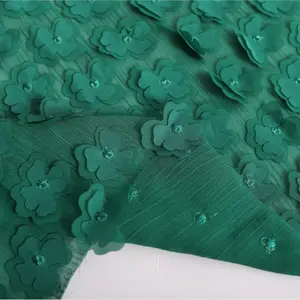 Tela de encaje bordado de 3D, color verde oscuro, para bodas