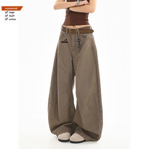 Celana Denim cuci cokelat kelas atas celana longgar ritsleting tersembunyi rendah di depan dan belakang <span class=keywords><strong>Jeans</strong></span> gaya uniseks celah ultra longgar di kaki - Product Image 1