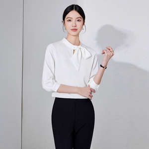 Women's Chiffon Blouse Mid Sleeve White Tie Front Slim Fit Workwear Solid Color Polyester Comfortable Shirt - Product Image 1