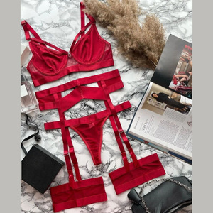 Pakaian dalam Bondage erotis jaring berongga Bra dan celana Thong garter kostum erotis 3 potong Set Lingerie Sensual seksi - Product Image 6