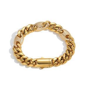 Bracelet <span class=keywords><strong>en</strong></span> acier inoxydable <span class=keywords><strong>de</strong></span> style cubain, bijoux pour hommes, hip-hop, plaqué <span class=keywords><strong>or</strong></span> 18 carats, bracelet cubain épais <span class=keywords><strong>en</strong></span> zircon, nez <span class=keywords><strong>de</strong></span> cochon - Product Image 1