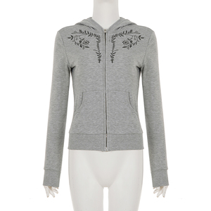 Women Floral Embroidery <b>Zip</b> Up Hoodie Slim Fit Grey Sweatshirt Jacket Casual Streetwear Long Sleeve Outerwear - Product Image 6