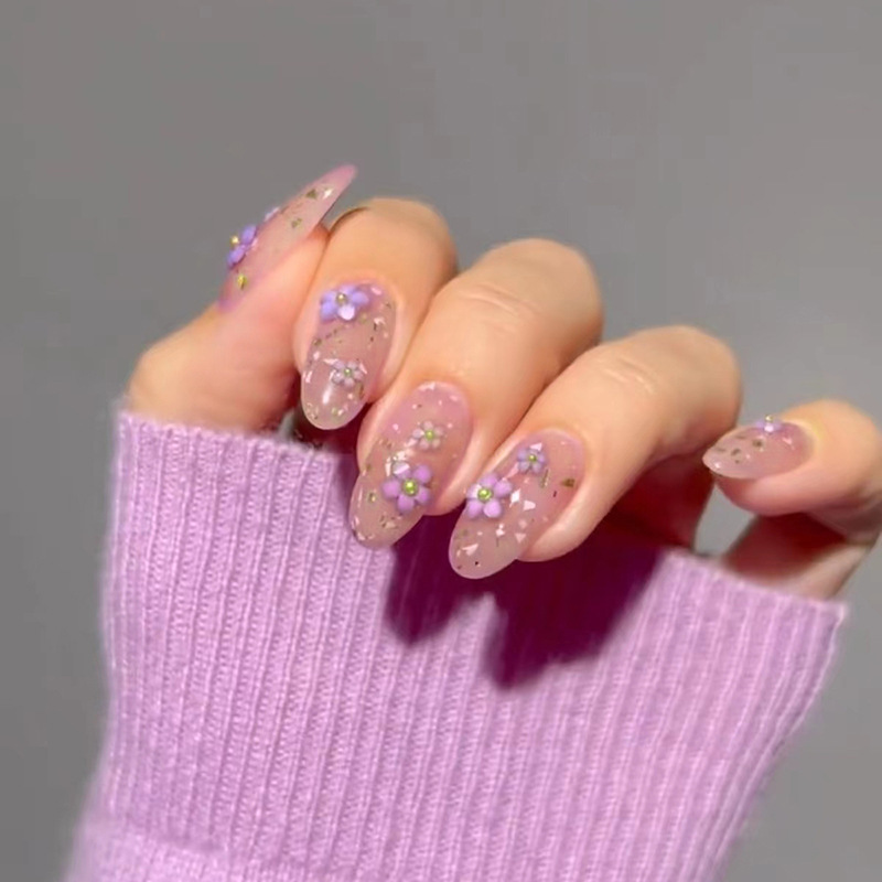 24PCS Purple Long Ballet Wearable Manicure Finished Product False Nails Stickers Nail Stickers Waterproof Detachable Nail