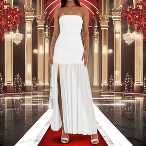 Vestido Maxi Blanco de Gasa sin Tirantes con Abertura Lateral, Elegante Vestido de Noche para Verano - Product Image 2
