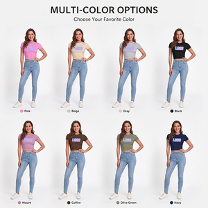 T-shirt court en coton pour femme avec logo personnalisé, manches courtes, col rond, coupe ajustée, décontracté, été, imprimé par transfert thermique, ODM OEM - Product Image 2