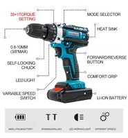 Perceuse sans fil 21 V Brushless 13 mm 2 vitesses 25+1 réglages pour batterie 18 V 20 V, 2 batteries, un chargeur et un coffret, pour le brique et le bois
