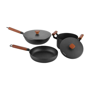 Vente directe d'usine - Wok et casserole en <span class=keywords><strong>fonte</strong></span> - Ensemble de 3 ustensiles de cuisine en <span class=keywords><strong>fonte</strong></span> antiadhésifs avec poignée en bois - Product Image 2