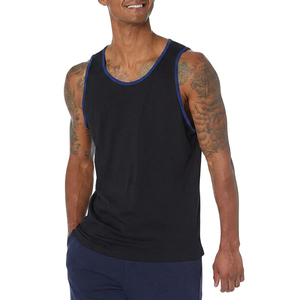Men's Solid Color Knitted Sleeveless Tank Top O-Neck Casual Muscle <b>Vest</b> Blue Trim Black - Product Image 1