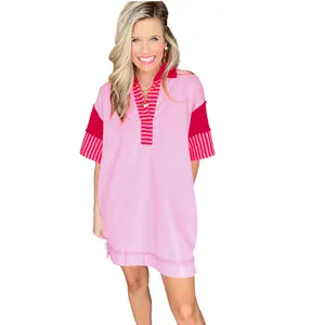 2024 Shewin butik kadın giyim toptan özel Logo pembe şerit Colorblock Patchwork kısa kollu T Shirt elbise