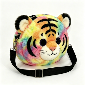 Custom Cute tiger head plush shoulder bag, Colorful tiger plush crossbody purse, Rainbow tiger plush crossbody bag - Product Image 3
