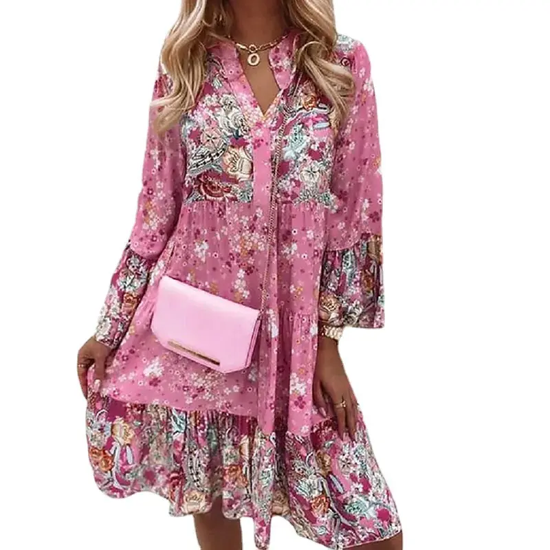 2022 Autumn New Ladies Floral Stitching Short Skirt Hot Sale Layered Bell Sleeve Large Swing Mini Dress