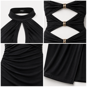 Robe midi asymétrique à découpes imprimé léopard A&J pour femme, coupe biais, dos nu, ourlet queue de poisson, certifiée GRS, logo personnalisé, ODM - Product Image 2