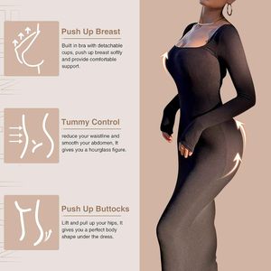 新作長袖服ドレス2 in 1セクシーボディコンドレスシェイプウェア内蔵マキシボディシェイプドレスヨガジャンプスーツ