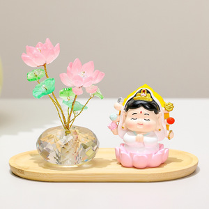 Figurine en résine Bouddha Lotus porte-bonheur de dessin animé avec vase en cristal, décoration d'intérieur pour salon, cadeau de pendaison de crémaillère - Product Image 1