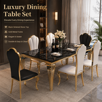 Ensemble de table à manger en pierre frittée noire durable et facile à nettoyer avec structure en métal doré et 6 chaises à dossier festonné pour maison de luxe