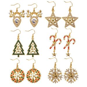 Boucles d'oreilles pendantes de Noël pour <span class=keywords><strong>femme</strong></span>, plaqué or, avec diamants, motifs couronne, étoiles, sapin de Noël, flocon de neige, canne, vert, rouge, pailletées - Product Image 1