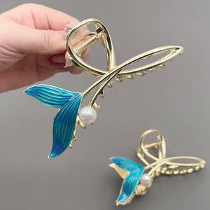 Grande épingle <span class=keywords><strong>à</strong></span> cheveux en métal bleu en forme de queue de poisson avec fermoir, pour l'arrière de la tête, style simple et élégant - Product Image 3