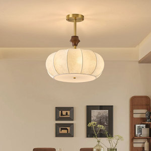 French Vintage Style All Copper Fabric Chandelier Round E26 LED <b>Light</b> Bedroom Dining Room <b>Ceiling</b> Lamp - Product Image 2