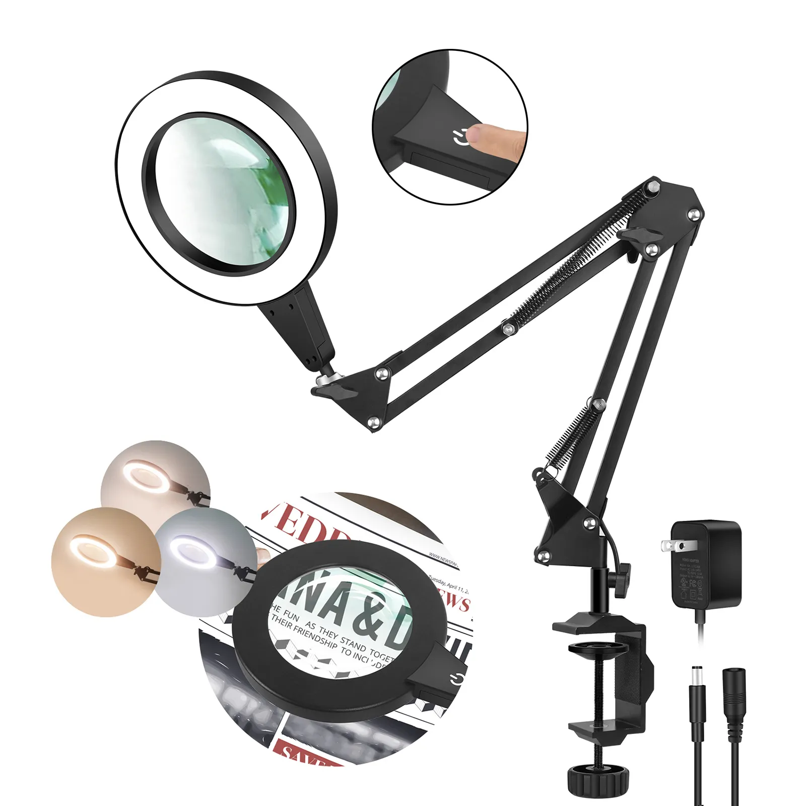 12V LED Desk Lamp Table Touch Control 5X Magnifier Clip Folding Reading Beauty Magnifying Glass LightingためCrafts Workbench