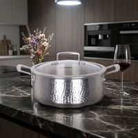 Marmite à soupe en acier martelé triple couche de 20-28 cm avec couvercle en verre à rebord large, ustensile de cuisson en acier inoxydable pour cuisinière à gaz et électrique