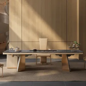 Tavolo da pranzo in marmo moderno rettangolare 10 posti con piano in ardesia Pandora e Base in acciaio inossidabile dorato