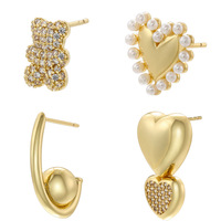 Boucles d'oreilles asymétriques Glowluxe plaquées or en alliage de cuivre, motif cœur, perle, ours, bijoux géométriques tendance