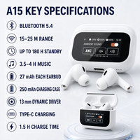 Écouteurs TWS A15 à écran tactile intelligent avec réduction de bruit ANC, transducteur dynamique de 13 mm, réduction du bruit d'appel ENC, affichage en 11 langues