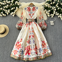 Robe longue élégante à imprimé floral vintage pour femme, manches bouffantes, taille lacée, style court, robe midi pour soirée printemps