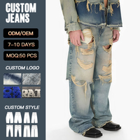 Jeans personnalisés OEM ODM YUCE pour hommes, effet déchiré, jeans de qualité supérieure, denim déstructuré, jeans baggy super déchirés à couches multiples