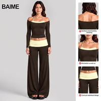 Ensemble de yoga pour femme 2026 : T-shirt à manches longues effet deux pièces et pantalon droit taille élastique – Tenue de sport fitness