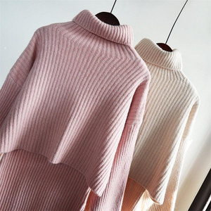Vestido de suéter de punto Cuello alto Moda coreana Suéteres de punto Conjunto de dos piezas Traje de suéter liso de otoño e invierno - Product Image 5
