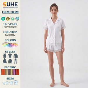 SUHE Women's Modal White Short Sleeve Lace Trim Notch Collar Button <b>Down</b> Pajama Set Sleepwear Casual Loungewear Summer Style - Product Image 2