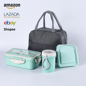 Wheat Straw Lunch Box <b>Set</b> With Container Cup And Bread Case For Student Portable Use - Product Image 4