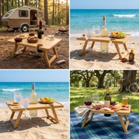 Table de pique-nique Portable pliante en bambou, Table à fromage avec bouteille de vin et porte-verre pour le Camping, la plage, le parc
