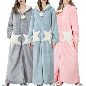 Women Sherpa Flannel Robe Girls Cute Pink Cozy Soft Floor Length Star Zipper Hooded Sleepwear Robe Nightgown