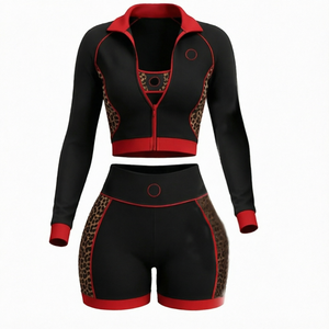 Custom Logo <b>Women</b> <b>2</b> <b>Piece</b> Short Tracksuit Patchwork Sexy Zip Crop Top Biker Shorts Regular Plus Size Casual Yoga <b>Outfit</b> ODM - Product Image 1