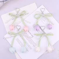 Porte-clés Cœur Tulipe Nœud Papillon Perle, Pendentif Métallique Élégant à Ruban Floral pour Sacs, Accessoires de Mode Ins, Cadeau Romantique