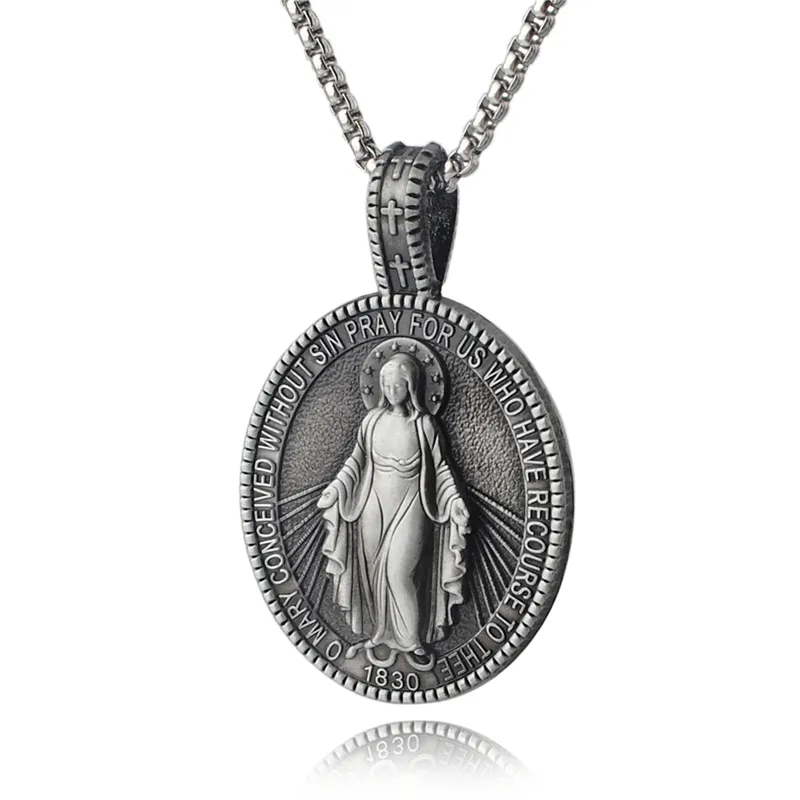Stainless Steel Chain Antique Tin Holy Virgin Mary Catholic Charm Pendant Necklace Hot Sale Religious Jewelry with Gift Box