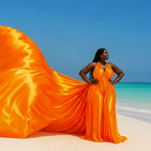 Vestido Maxi de Satén de Lujo con Cuello Halter y Cola Extralarga, Vestido Fluido para Vacaciones en la Playa, Vestido Glamuroso con Efecto de Viento - Product Image 1