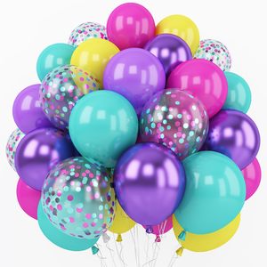 60 ballons de 12 pouces rose vif, violet métallisé, turquoise et jaune, ballons à confettis pour la décoration d'anniversaire sur le thème magique des enfants - Product Image 1