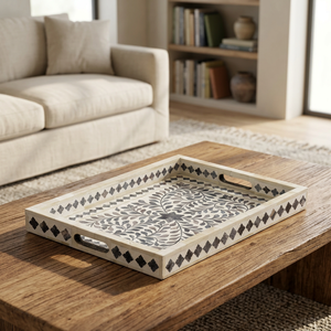 Plateau de service en acrylique à motif floral de meilleure qualité, incrustation d'os gris pour décor de table basse de petit déjeuner - Product Image 1