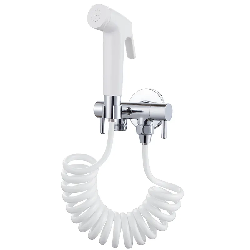 White Color Shattaf Set Plastic Spray Head Spring Shower Hose Brass Body 3 Ways Diverter Valves Toilet Bidet Sprayer