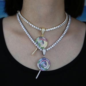 Charmant vert violet rose arc-en-ciel CZ <span class=keywords><strong>sucette</strong></span> pendentif Tennis chaîne <span class=keywords><strong>collier</strong></span> 16 "18" glacé gros sucre femmes bijoux - Product Image 3