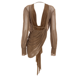 Viviblook Q26TP135 Blusa para mujer con cuello en V profundo, plisada, de color sólido, manga larga, sin espalda, sexy, ajustada, informal - Product Image 6