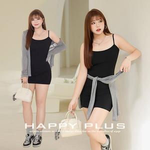 Conjunto de Vestido de Tirantes Finos de Punto de Color Liso Happy Plus con Cintura Ajustada para Uso Diario Informal, Cárdigan Gris sobre Vestido Lencero Negro N9171 - Product Image 4