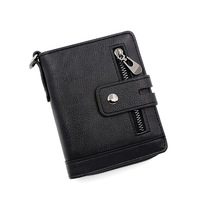 Dompet pria Retro 2 lipat vertikal, dompet kulit asli multifungsi, kancing dekorasi rantai buatan tangan lembut RFID gesper ritsleting