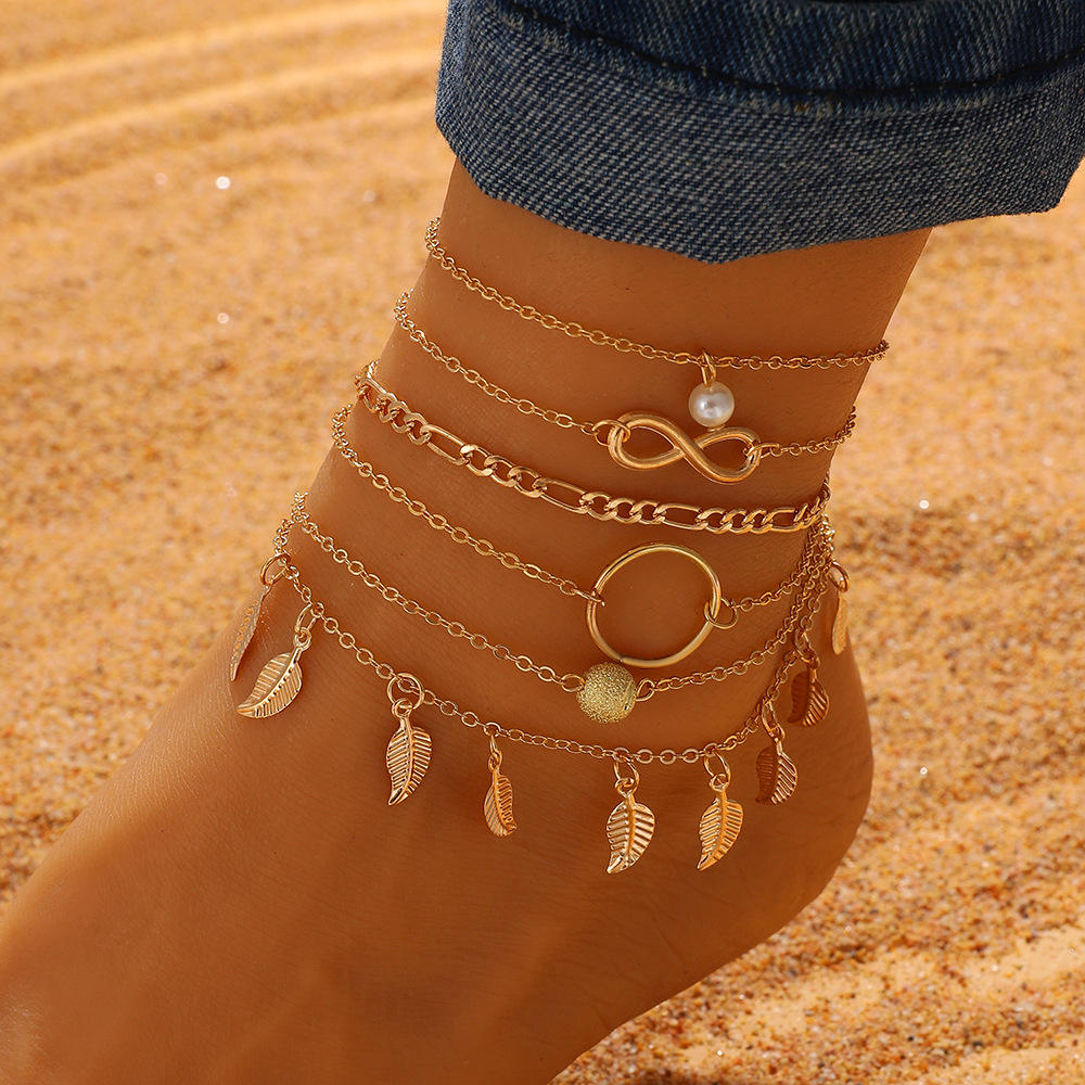 Bohemian Gold Plated Anklets Women Fashion Cross Heart Leaf Pearl  Multilayer Bracelet Sets Summer Beach Ankle Foot Chain Jewelry