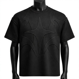 T-shirt homme noir à motif étoile en relief, coupe oversize, manches courtes, col rond, mélange de coton, style streetwear décontracté, coupe ajustée. - Product Image 2