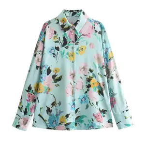 Fashionable Spring Floral Print Polyester Turn Down Collar Blouse Tops Loose Women Shirts