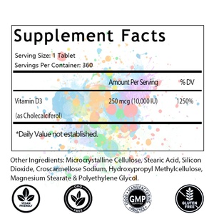 OEM/ODM Hot Selling Vitamin D3 <b>10</b>,000IU (250mcg), 1 Year Supply for Healthy Muscle Function and Immune Support, 360 <b>Tablets</b> - Product Image 2